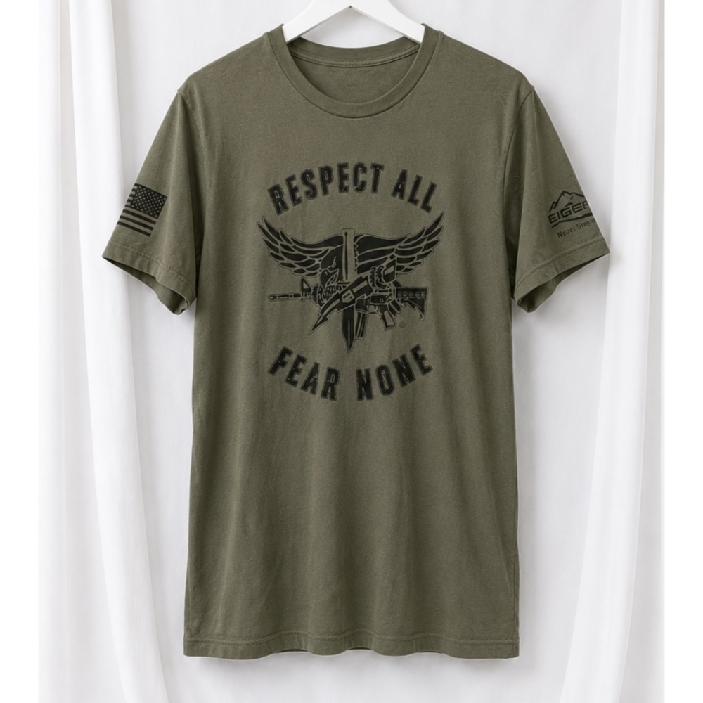 Respect All Fear None Tactical Graphic Tee Olive Green American Flag Size Large